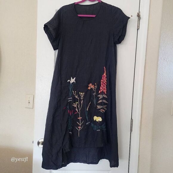 Minibee Women's Embroidered Linen Dress Summer A-Line Sundress - Picture 2 of 6